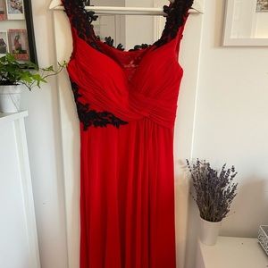 Red and Black Lace Mesh Maxi Formal Dress